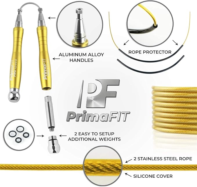PrimaFIT Pro Speed Jump Rope for Adults, Weighted Skipping Rope for Boxing | Adjustable Jumping Rope for Fitness Workout & CrossFit Exercise, Double Unders, Handle Weights, 3m Cables 2 Protectors, Bag