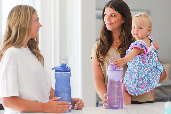 Pogo 64oz Plastic Water Bottle with Chug Lid and Carry Loop, Lilac | Leakproof water bottle with chug lid and capacity markings. BPA-free, great for travel, school, outdoors, and gym.