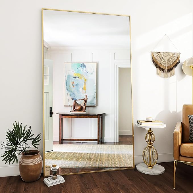VooBang Oversized Full Length Mirror, 86" x 40" Floor Mirror with Stand, Aluminum Alloy Frame Full Body Mirror, Standing Hanging or Leaning Against Wall Bedroom Living Room, Gold