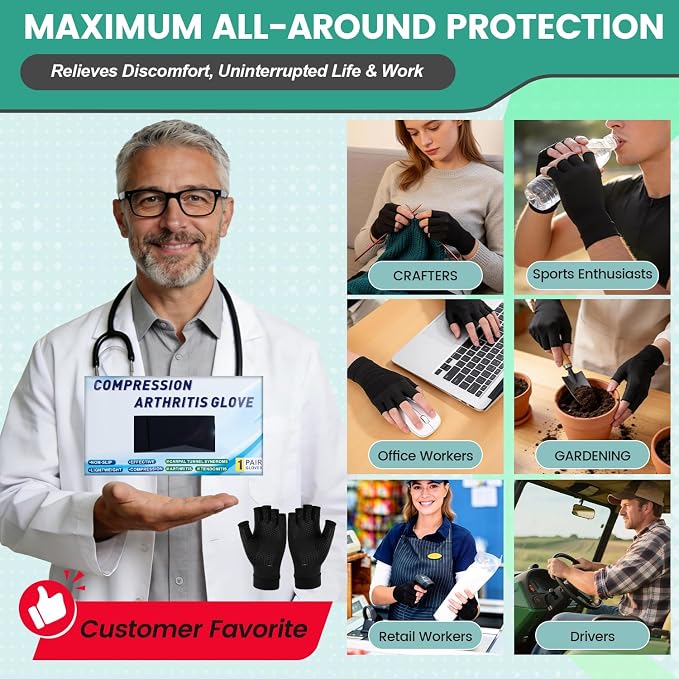 Arthritis Compression Gloves for Men & Women, Carpal Tunnel Pain Relief | Wrist Thumb Support, Fingerless, Breathable Lycra, Non-Slip for Tendonitis, Pain & Swelling Relief - 1 Pair