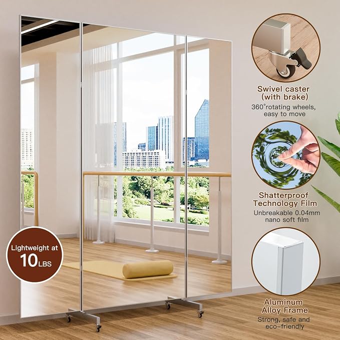 Full Length Mirror with 360° Wheels, 47" x 63" Foldable Floor Mirror with Nano-Tech Shatterproof Film - Ultra-Large Mobile Mirror for Home Gym, Dance Studio & Commercial Spaces (Black)