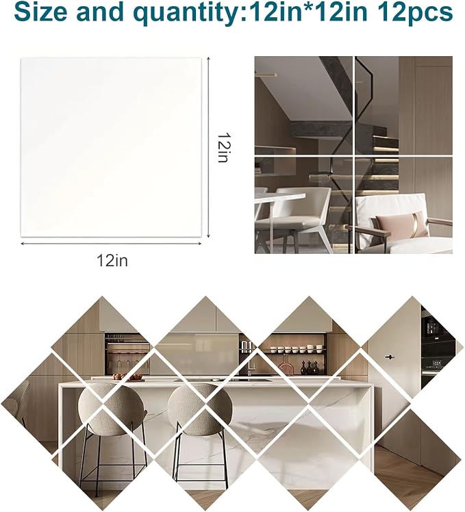 Shatterproof Acrylic Mirror Tiles, 12 Pack 12x12 Inch Self-Adhesive Full Body Wall Mirrors for Bedroom, Home Gym, Bathroom & Living Room, Unbreakable Flexible Mirror Sheets