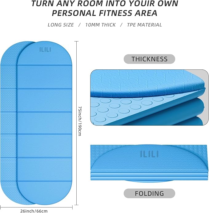 ILILI Foldable Yoga Mat-Semicircular, 10mm Thick, TPE Material, Extra Long 75"L x 26"W, Soft and Comfortable Folding Oval Mat 0.4 Inches, Easy to Carry and Store, 190*66cm Portable Multi-Functional Use for Yoga, Home Exercise & Outdoor