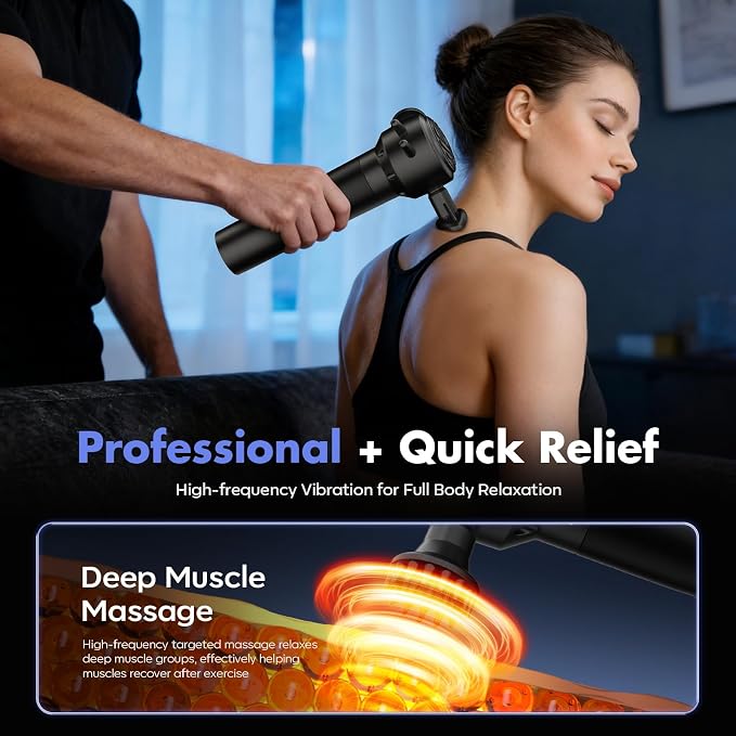 Heated Deep Tissue Massage Gun, Cordless Handheld Massager for Full Body Muscle Pain Relief, Fascia Release & Trigger Point with 3 Replaceable Heads for Back Neck Shoulders Legs