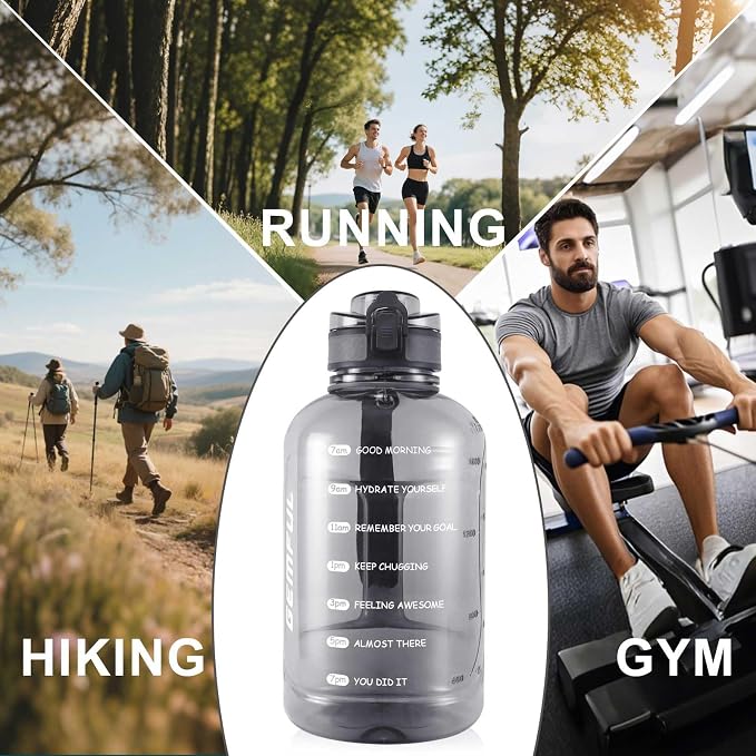 GEMFUL 2 Liter Water Bottle with Time Marker 64oz Motivational Jug (Grey) | BPA-Free, Big Capacity, Motivational , No Straw, Chug Lid, for Gym, Fitness, Hiking, Camping, Office, Travel, Women, Men