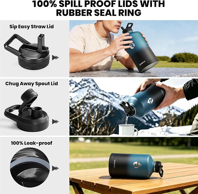RAYMYLO One Gallon Water Bottle Insulated, Triple Walled Vacuum Stainless Steel (Cold for 48 Hrs), Leak Proof & Non-BPA, Large Water Flask Jug with Paracord Handle & Straw Spout Lids