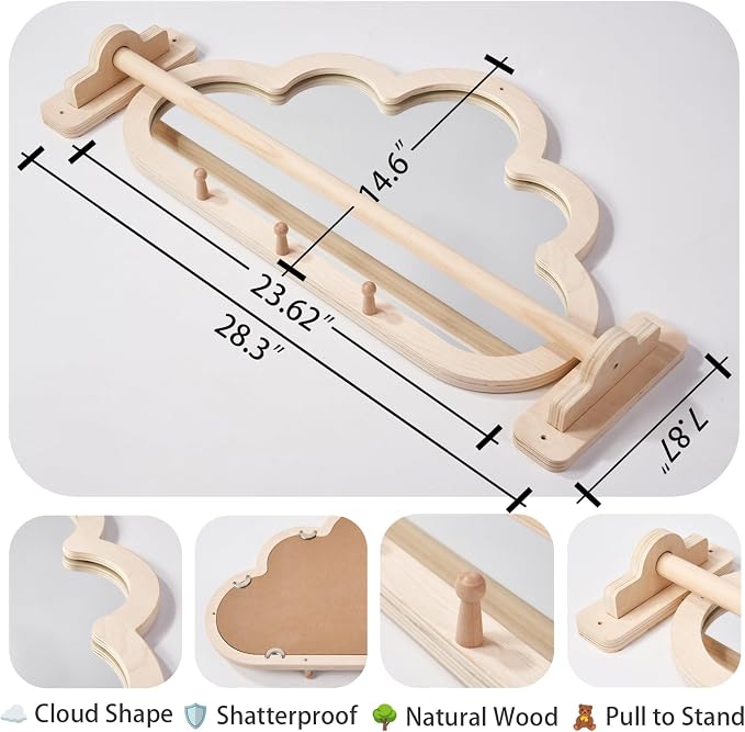 Montessori Baby Mirror with Pull Up Bar, Shatterproof Toddler Pull to Stand | Cloud-shaped wooden pull to stand toy gym, CPC safe infant gift for nursery wall, ages 6-18 months.