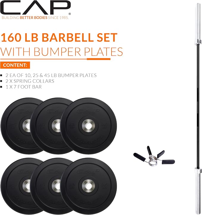 CAP Barbell Olympic Weight Set with 7ft Barbell & Bumper Plates | 160-370 lbs | Multiple Options