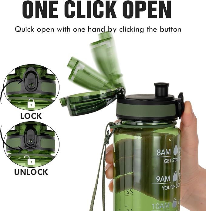 OLDLEY Water Bottle, 32oz Motivational Sports Water Bottle with Time Marker - Times to Drink - Tritan, BPA Free, Wide Mouth Leakproof,Olive