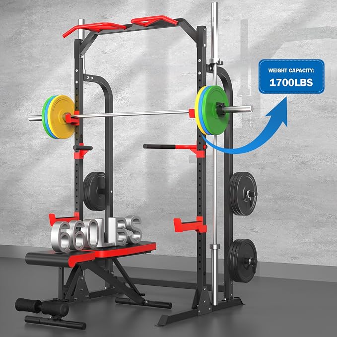 SunHome Power Cage Squat Rack, Power Rack with Pulley System, Adjustable Cable Crossover System, J-Hooks, Dip Handles, Weight Plate Storage