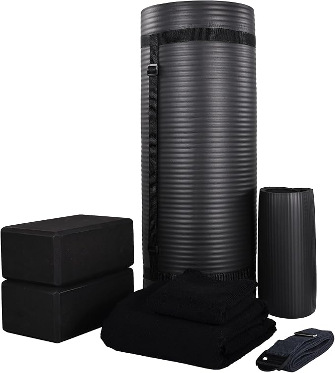 BalanceFrom 7-Piece Yoga Set with 71x24x1 Inches Extra Thick Mat and Carrying Sling – Includes 2 Blocks, Stretch Strap, 2 Towels, and Knee Pad for Home, Studio, and Gym Workouts