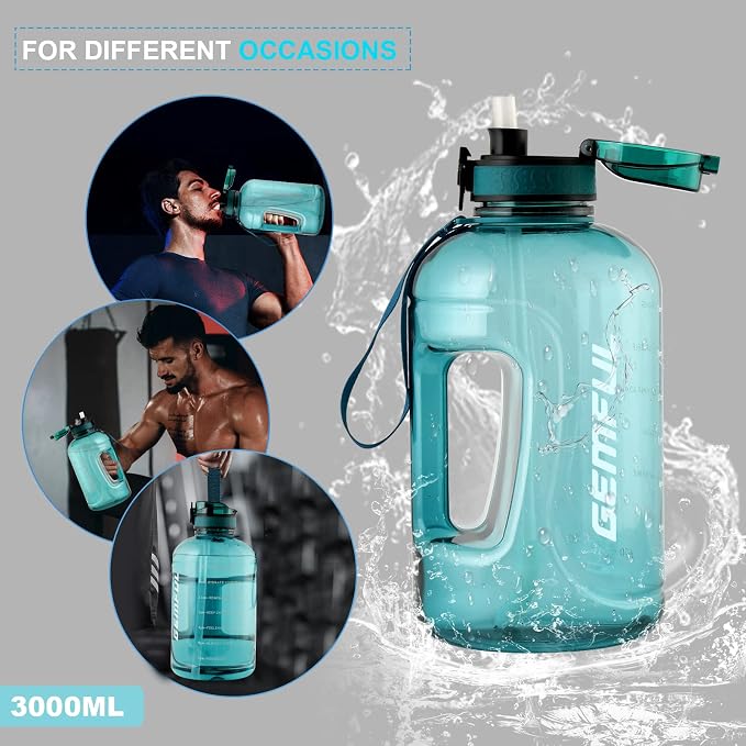 GEMFUL 100oz Big Water Bottle with Straw 3000ml Large Sport Jug (Cyan) | BPA Free, Leak-proof, Time Marker, Wide Mouth for Easy to Clean, Sturdy Handle for Carry, for Gym, Home, Office, Outdoor