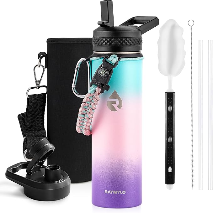 RAYMYLO Insulated Water Bottle 20 oz, Triple Wall Vacuum Stainless Steel | (Cold for 24Hrs, Hot for 12Hrs), Leak Proof & Non-BPA, Modern Water Bottle Jug for School with Straw Spout Lids