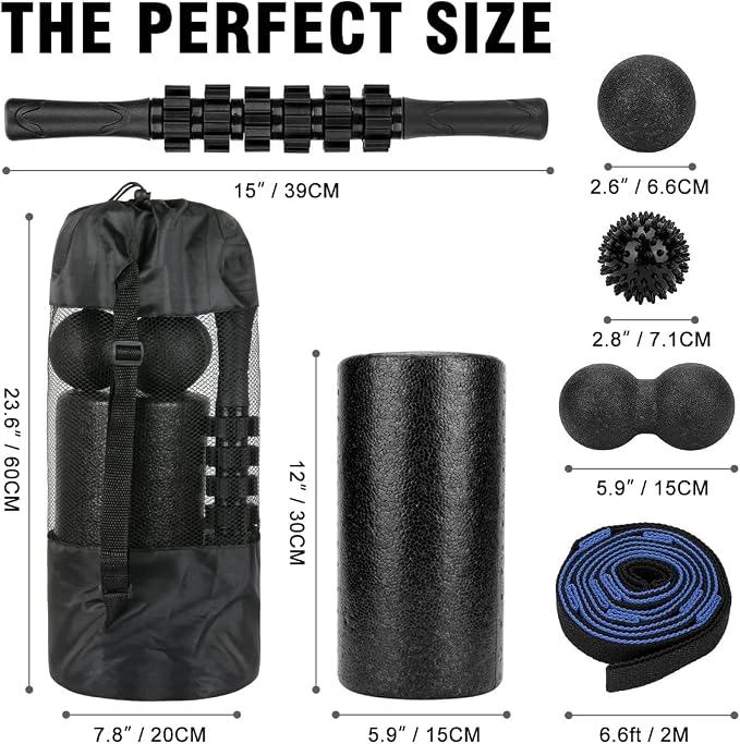 Foam Roller Set - High Density Back Roller, Muscle Roller Stick | Foot Fasciitis Ball, Stretching Strap, Massager Ball for Whole Body Physical Therapy & Exercise, Back Pain, Leg, Deep Tissue