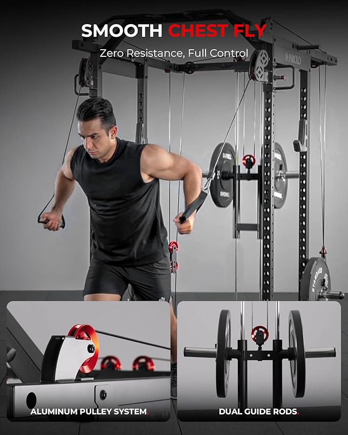 Mikolo K6 2.0 Power Cage, Power Rack with Cable Crossover System, 2000LBS Squat Rack with LAT Pull Down System, Functional Trainer with Aluminum Pulley System for Home Gym