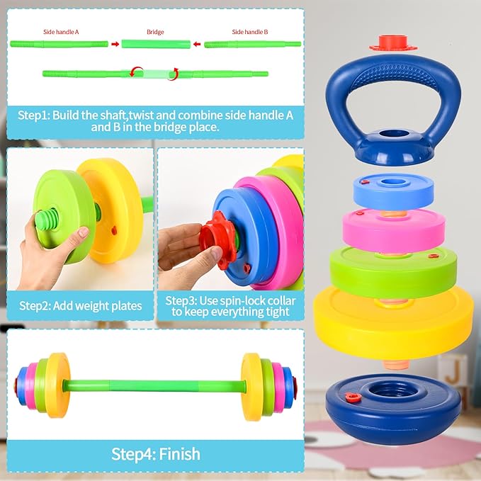Kids Weight Set – Adjustable Barbell & Kettlebell with Water Bottle | BPA-Free Plastic, Safe for Ages 3-8, Water-Fillable for Adjustable Weight, Boosts Coordination & Confidence