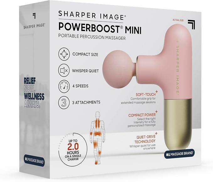 Sharper Image PowerBoost Mini Massage Gun [2026 Version] - Deep Tissue Percussion Massager| Muscle Recovery & Pain Relief| Quiet Handheld Massage Tool| Powerful & Compact| Travel Size | Gift for Women