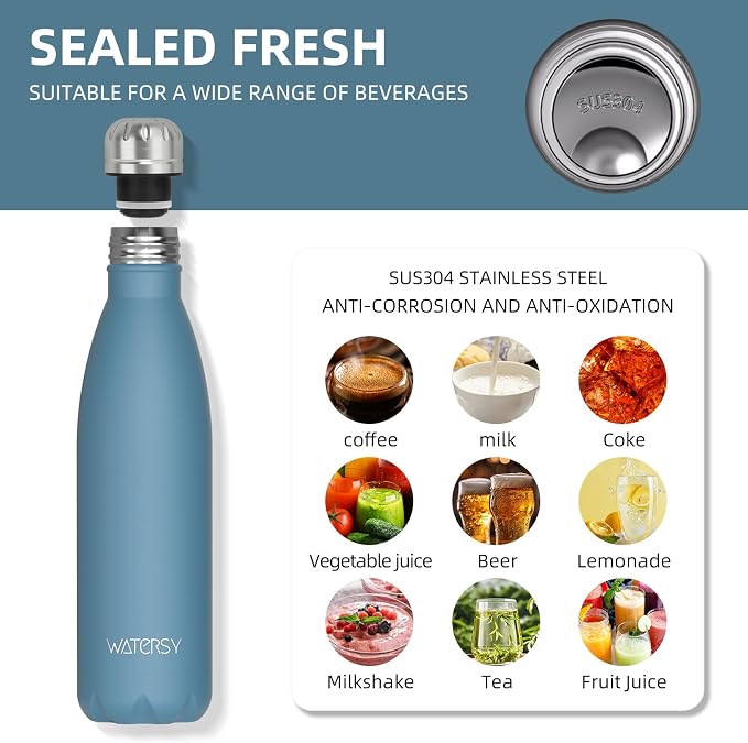 WATERSY Stainless Steel water bottles,17oz/500ml Insulated Water Bottle | Smog Blue metal water bottle Keeps Drink Cold and Hot,BPA Free kids water bottles for School,Gym,Travel ,Sports