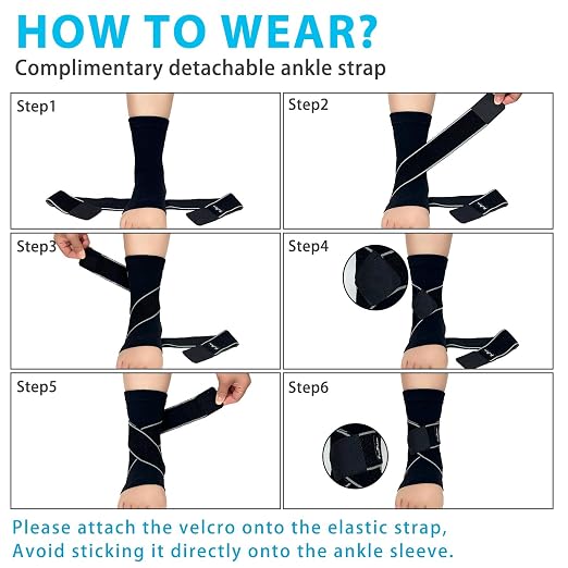 Ankle Support Brace for Women Men, 1 Pair Achilles Tendonitis Brace for Plantar Fasciitis Relief, Copper Infused Ankle Compression Sleeve with Adjustable Strap, Support for Sprained Ankle, Day&Night, Black, M