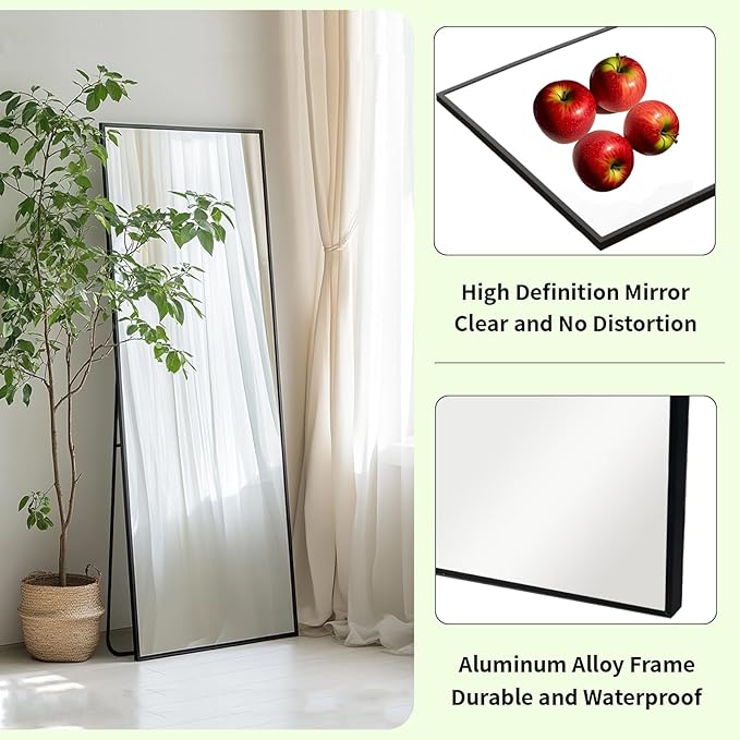 Black Mirror Full Length, 56x18 inch Floor Mirror Full Length | Matte Black Metal Frame, No Distortion, Body Mirrors for Bedroom, Living Room, Dressing Room, Baber Shop, Home Décor