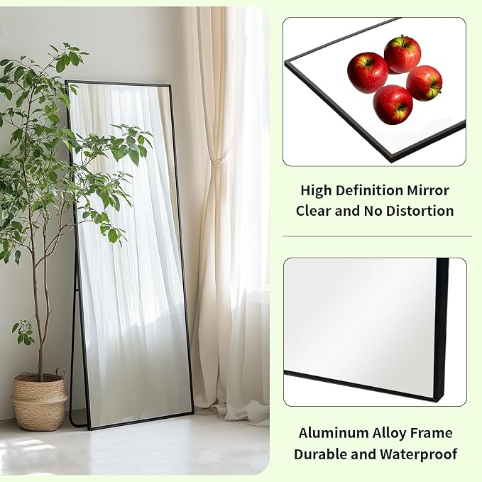 Full Length Mirror 56x16 inch, Black Full Body Mirror, Metal Frame | Matte Black Metal Frame, No Distortion Mirror, Rust-proof, Standing Mirrors for Bedroom, Livingroom, Cloakroom, Hallway