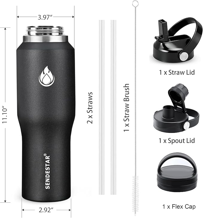 SENDESTAR 40oz Stainless Steel Water Bottle(Cold for 48 Hrs, Hot for 24 Hrs),Double Wall Vacuum Insulated Bottle with Straw Lid, Spout Lid and Flex Cap, Fit in Any Car Cup Holder,Black