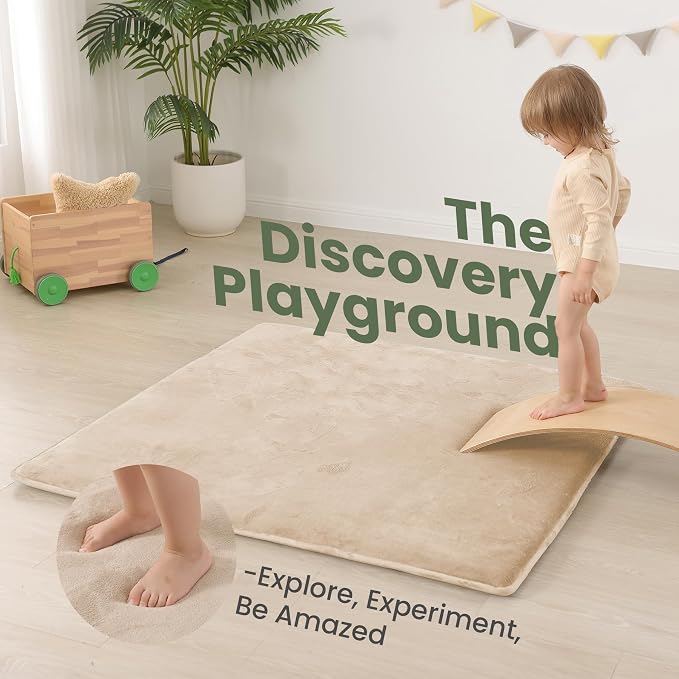 Huloo Sleep Baby Play Mat for Floor,1.3" Thick Elasti-Foam 47"×47" Playpen Mat for Tummy Time,Water Repellent Soft Coral Velvet for Toddler,Infant,Kids,Non-Slip Backing Safe for Crawling（Beige）