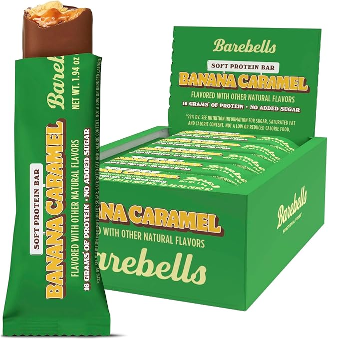 Barebells Soft Protein Bars Banana Caramel - 12 Bars (1 pack of 12) - Protein Snacks with 16g of High Protein - Fluffy Chocolate Treat with 2g of Total Sugars - Soft Protein Snack & Breakfast Bars