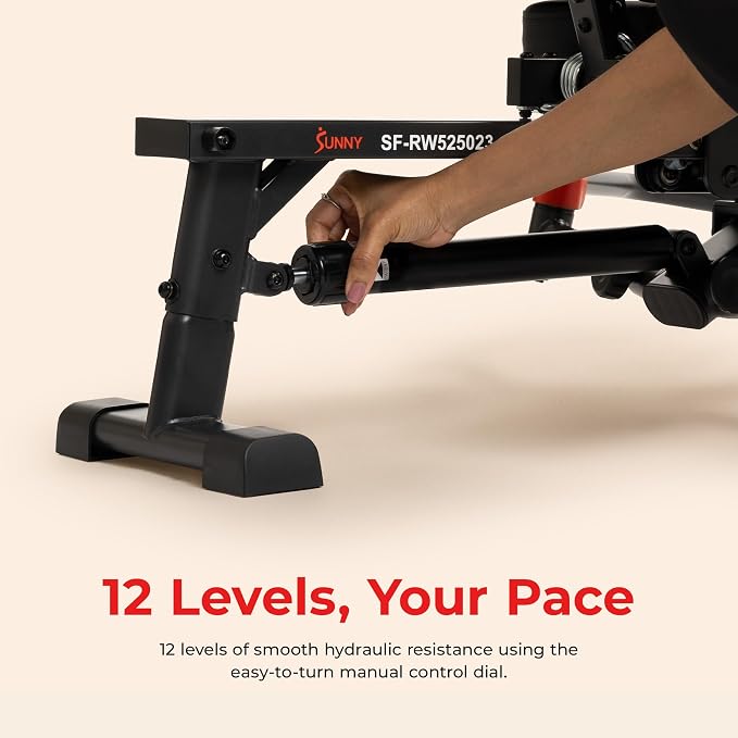 Sunny Health & Fitness Smart Full Motion Rower | 12 Resistance Levels, Dual-Arm Design, SunnyFit App Connectivity, 400 LB Capacity, Optional Back-Assist Core Trainer