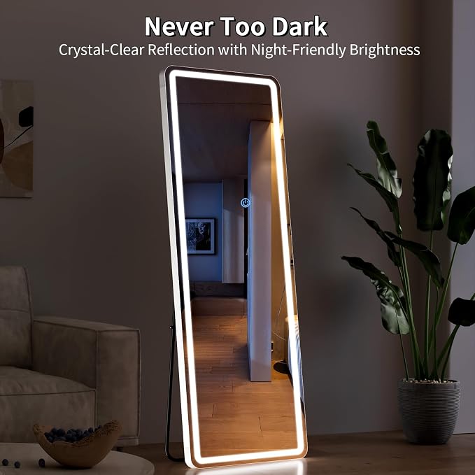 Koonmi LED Full Length Mirror, 56"x20" Full Length Mirror with Lights, Lighted Floor Mirrors with Stand, Full Body Mirrors with Dimming & 3 Color Lightingfor Living Room Cloakroom, White