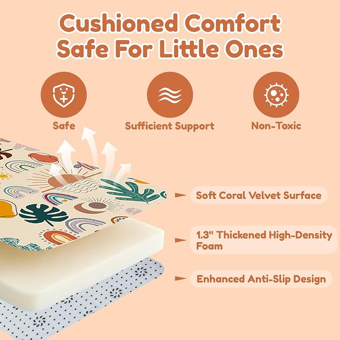 Baby Play Mat for Floor, 71'' x 59'' Thicken Foam Soft Padded Playmat for Tummy Time, Playpen Mat for Toddlers Infant Kids, Water-Repellent Coral Velvet, Non-Slip Bottom Safe for Crawling (Boho)