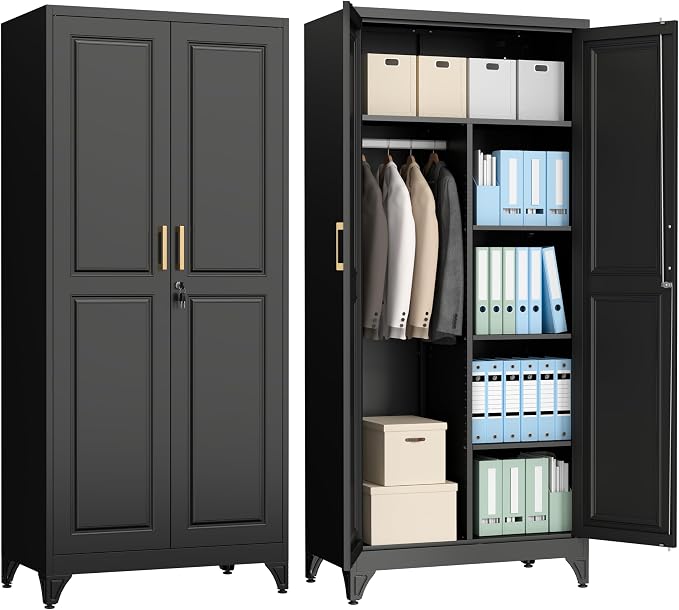 Polup 71" Tall Metal Armoire Wardrobe Closet with Lock | Heavy Duty Steel Clothing Storage Cabinet with Hanging Rod, 3 Adjustable Shelves & 2 Doors for Bedroom, Office, Broom, Black