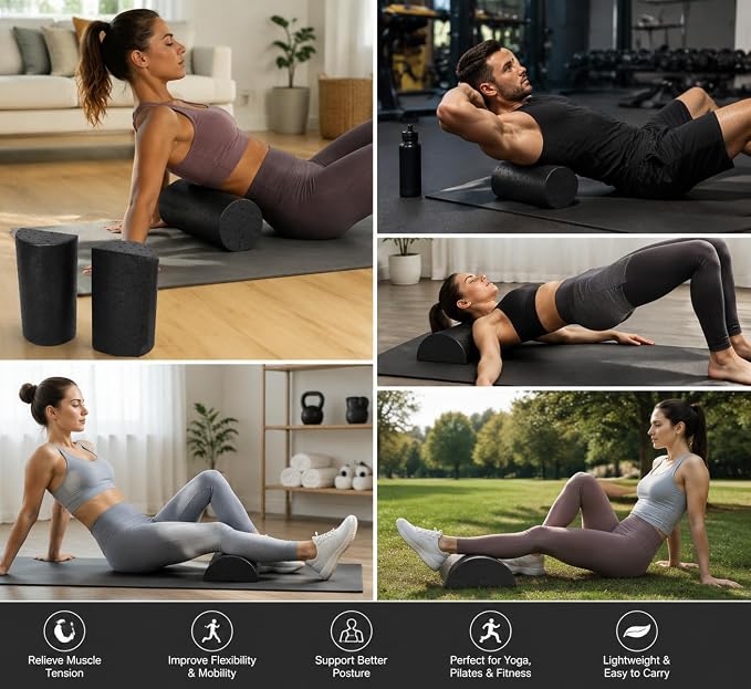 High Density Half-Round Foam Roller, 12-Inch Firm EPP Exercise Roller for Physical Therapy, Balance Training, Pilates & Yoga, Flat-Bottom Body Massager for Muscle Recovery & Myofascial Release