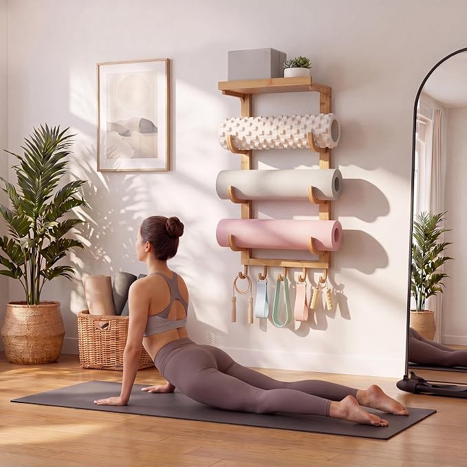 Geelin 4 Tier Wooden Yoga Mat Holder Wall Mount, Yoga Mat Storage Rack, Home Gym Equipment Organizer, Floating Shelf & 5 Hooks for Hanging Foam Roller/Band/Workout Equipment at Pilates Fitness Class