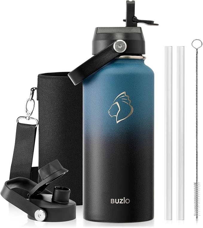 BUZIO Insulated Stainless Steel Water Bottle 32 oz with Straw & Spout Lids | Triple Wall Insulated Tumbler (Dishwasher Safe) ,Cold for 48 Hrs/Hot for 24 Hrs, Leakproof, BPA-free, for Sports, Gym, School