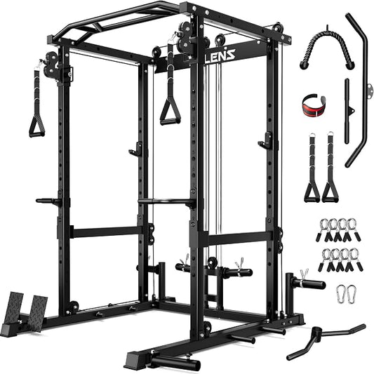 JELENS C12 Power Rack, 2000LBS Squat Rack with Cable Crossover System, Workout Cage with More Training Attachments for Home Gym