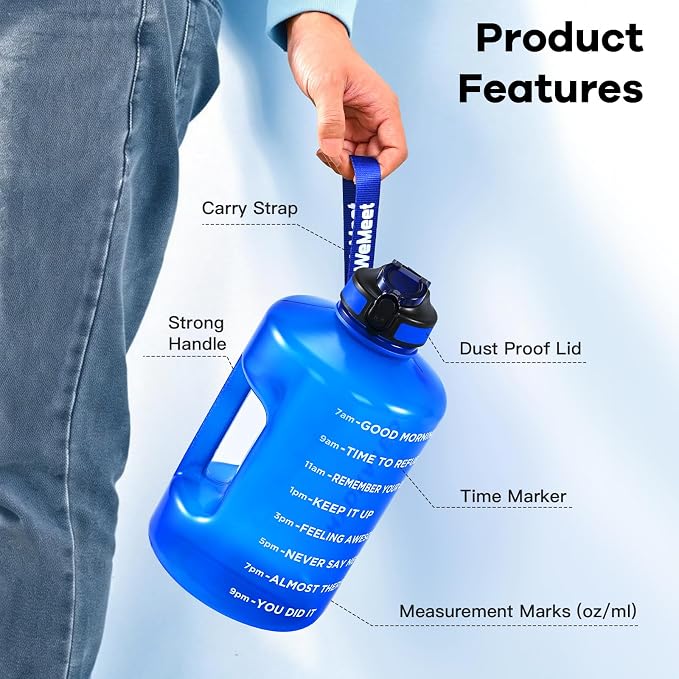 WEMEET 1 Gallon Water Bottle with Handle, 128oz LeakProof Reusable Gym Water Bottle with Capacity Scale, BPA Free, Ideal for Gym and Outdoor Life (Blue)