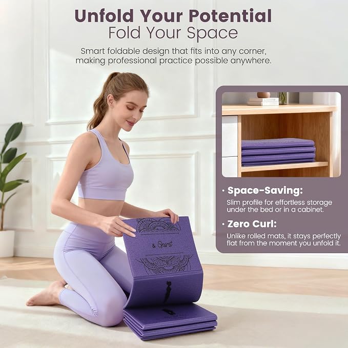 Foldable Yoga Mat and Blocks Set for Women with 2 Pack Yoga Blocks and Strap,Thin Non Slip Pilates Mat with Bag, Home Workout Equipment Essentials Starter Kit for Beginners Full Body Toning
