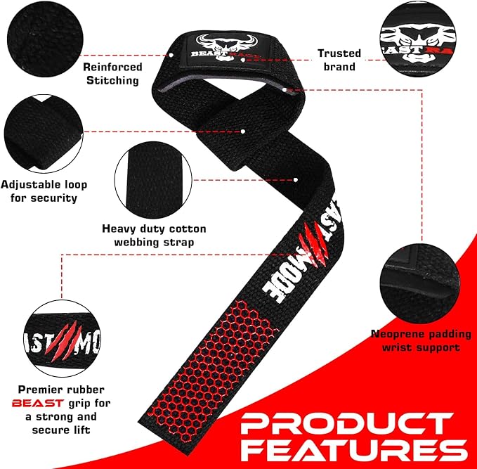 BEAST RAGE Lifting Wrist Straps for Weightlifting, Straps Gym Grip Power Workouts Lifting Straps Padded Neoprene & Premium Cotton Men Women, Deadlift Bodybuilding Exercise Lifting Straps