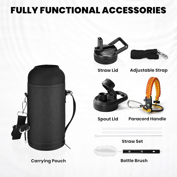 RAYMYLO Insulated Water Bottle 32 oz, Triple Wall Vacuum Stainless Steel | (Cold for 24Hrs, Hot for 12Hrs), Leak Proof & Non-BPA, Modern Water Flask Jug with Paracord Handle & Straw Spout Lids