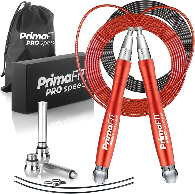 PrimaFIT Pro Speed Jump Rope for Adults, Weighted Skipping Rope for Boxing | Adjustable Jumping Rope for Fitness Workout & CrossFit Exercise, Double Unders, Handle Weights, 3m Cables 2 Protectors, Bag