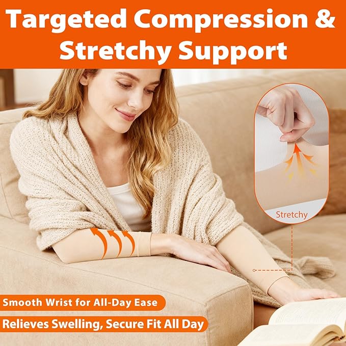 Compression Lymphedema Arm Sleeves for Women, 1 Pair 15–20 mmHg Full Arm Support - Medical-Grade Compression & Snug Fit - for Circulation, Swelling, Edema, Post-Surgery
