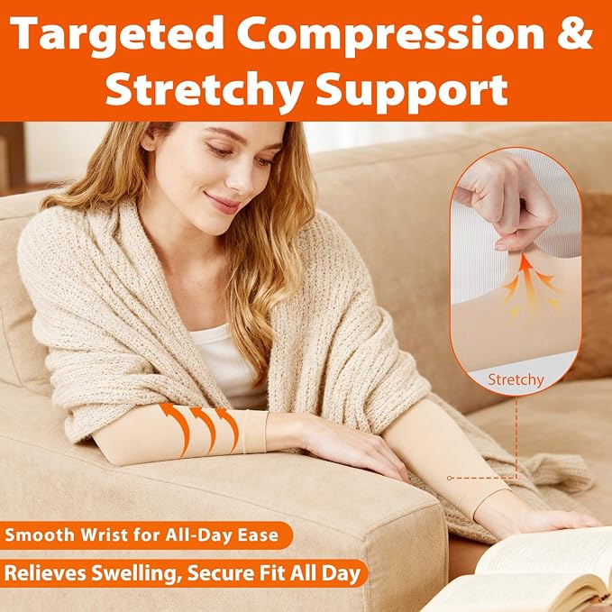 Compression Lymphedema Arm Sleeves for Women, 1 Pair 15–20 mmHg Full Arm Support - Medical-Grade Compression & Snug Fit - for Circulation, Swelling, Edema, Post-Surgery