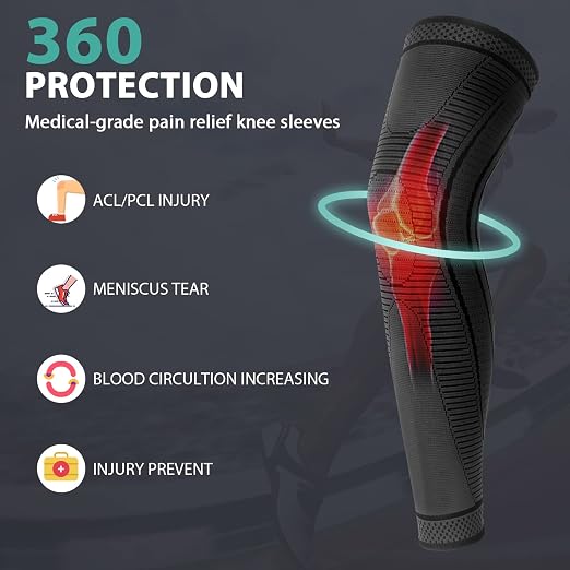 2 Pack Full Leg Compression Sleeves, Long Knee Brace Support for ACL,PCL, Meniscus Tear, Arthritis, Tendinitis,Men And Women (Black, Small)