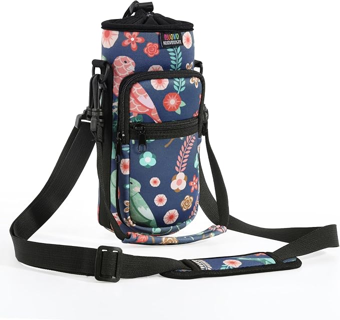 Nuovoware Water Bottle Carrier Bag, 750ml Bottle Pouch Holder, Adjustable Shoulder Hand Strap 2 Pocket Sling Neoprene Sleeve Sports Accessories for Hiking Travelling Camping, Green Bird+Blossoms