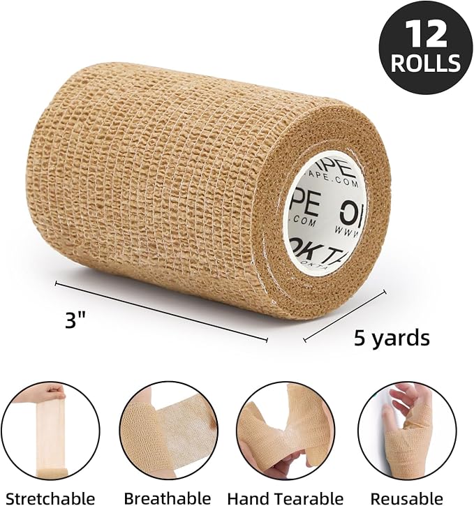 OK TAPE Self Adherent Cohesive Bandages Wrap 12Packs 3" x 5 Yards | Non-Woven Self Adhesive Bandage Wrap for Thumb, Finger, Wrist, Ankle, Vet Wrap Bandages Tape (Beige)