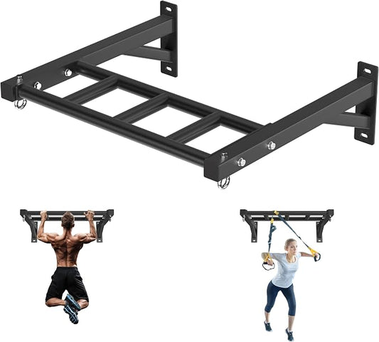 HOOUSA Wall-Mounted Pull-Up Bar, 600lb Load Capacity,Fit 24" wall Spacing | Multi Grip Design, 2 Suspension Ring, Suitable for Concrete and Wood Mounting, For Garage Indoor Basement Strength Training