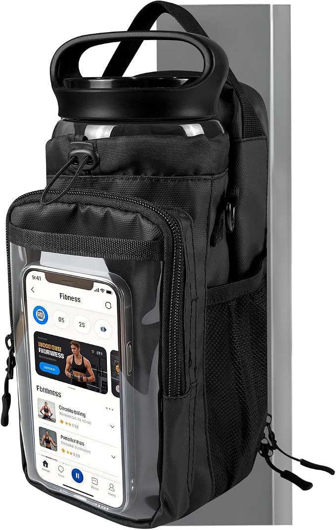 JACZZO Magnetic Gym Bag, Magnetic Gym Water Bottle Bag with Strap 4 Strong Magnets, Upgraded Clear Design Phone Bag, Gym Gifts for Men & Women Gym accessories (Black)