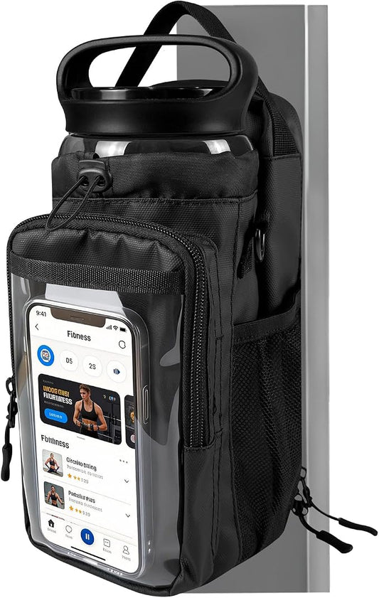 JACZZO Magnetic Gym Bag, Magnetic Gym Water Bottle Bag with Strap 4 Strong Magnets, Upgraded Clear Design Phone Bag, Gym Gifts for Men & Women Gym accessories (Black)