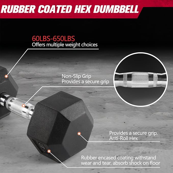 RitFit Rubber Coated Hex Dumbbell Weights Set for Home Gym | Cast Iron Core, Anti-Slip Knurled Chrome Handle, Hexagon Anti-Roll, Heavy-Duty Dumbbell Set for Strength Training